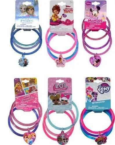 3 Ring on Glitter Bangles with Heart Charm, Multicolor With Frozen, Fancy Nancy, Princess, Minnie, LOL, My Little Pony (1Pcs)