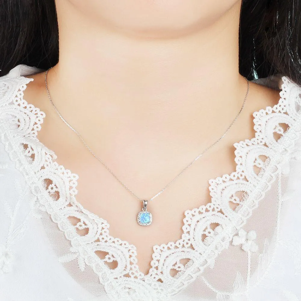 925 Sterling Silver Necklace for Women, Square Opal & Cubic Zirconia Pendant Necklace