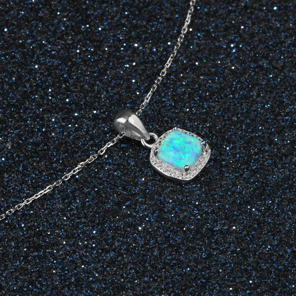 925 Sterling Silver Necklace for Women, Square Opal & Cubic Zirconia Pendant Necklace