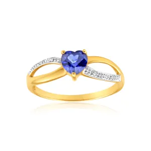 9ct Charming Yellow Gold Created Sapphire   Diamond Ring