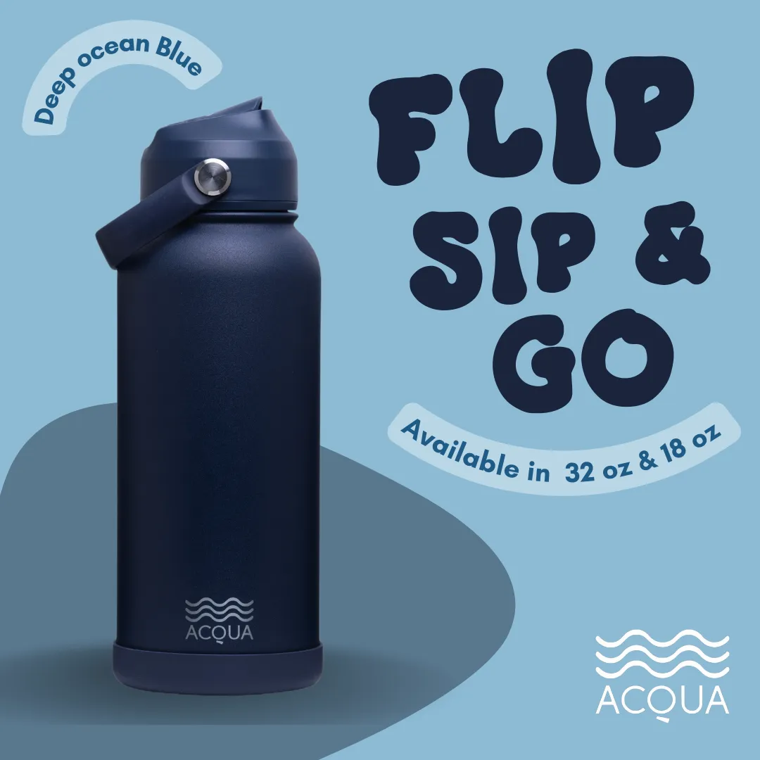 Acqua Flip Sip & Go! Double Wall Insulated Stainless Steel Water Bottle: Deep Ocean Blue