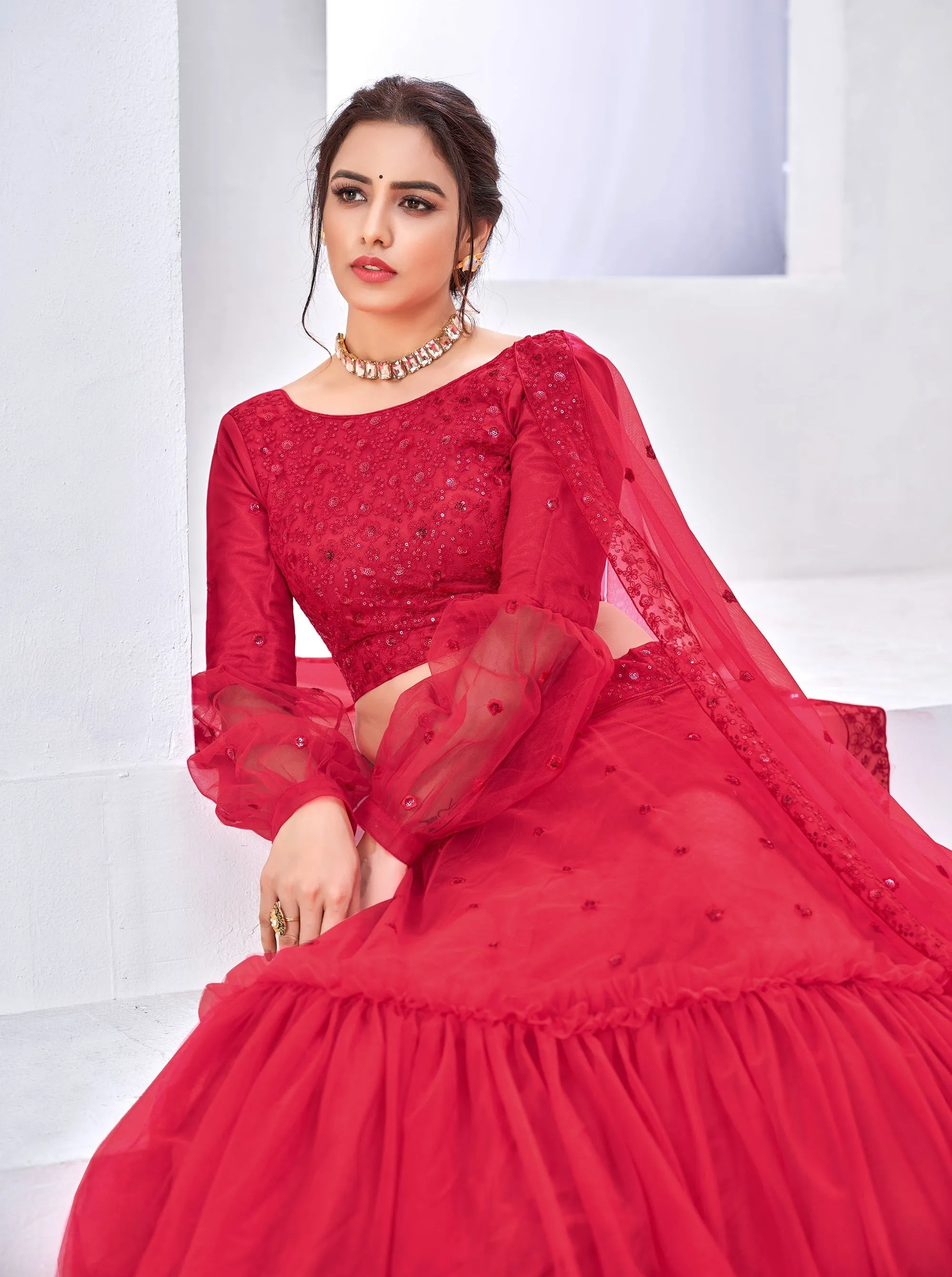 Adorable Rani Pink Thread With Sequins Embroidered Net Party Wear Lehenga Choli