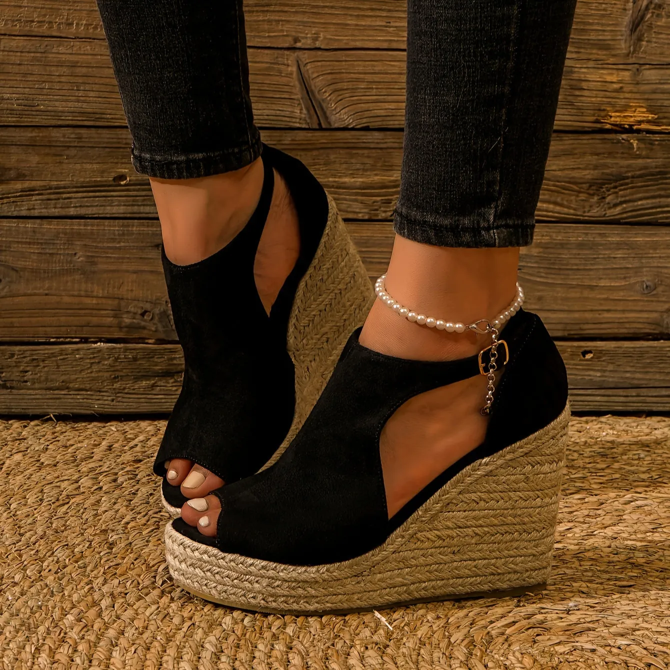 Amozae-Chic Espadrille Wedge Sandals - Stylish Peep Toe with Cut-out Detail, Adjustable Buckle Strap, Stiletto Heels, and Comfortable Platform - Perfect Trendy Footwear for Your Summer Holiday