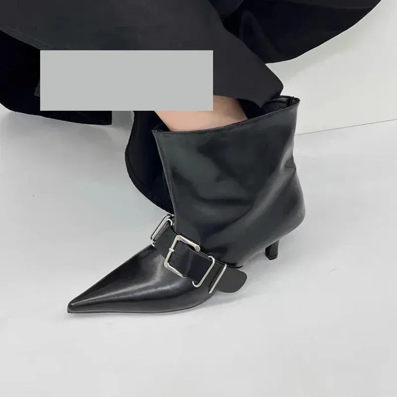 Amozae-Pointed Toe Metal Buckle Strap Short Boots For Female Women Thin High Heel 2024 New Leather Fabric Elegant Sexy Winter Shoes