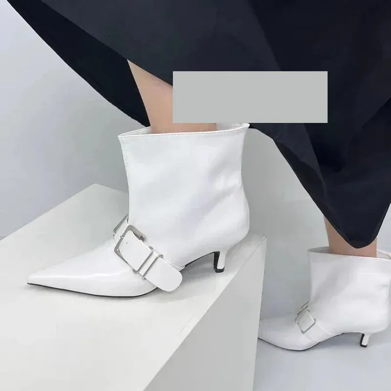 Amozae-Pointed Toe Metal Buckle Strap Short Boots For Female Women Thin High Heel 2024 New Leather Fabric Elegant Sexy Winter Shoes