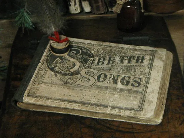 Antique 1886 Sabboth Songs Book Child's Long Stockings Striped Christmas Gathering