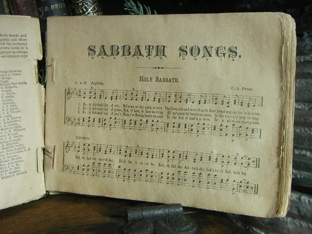 Antique 1886 Sabboth Songs Book Child's Long Stockings Striped Christmas Gathering