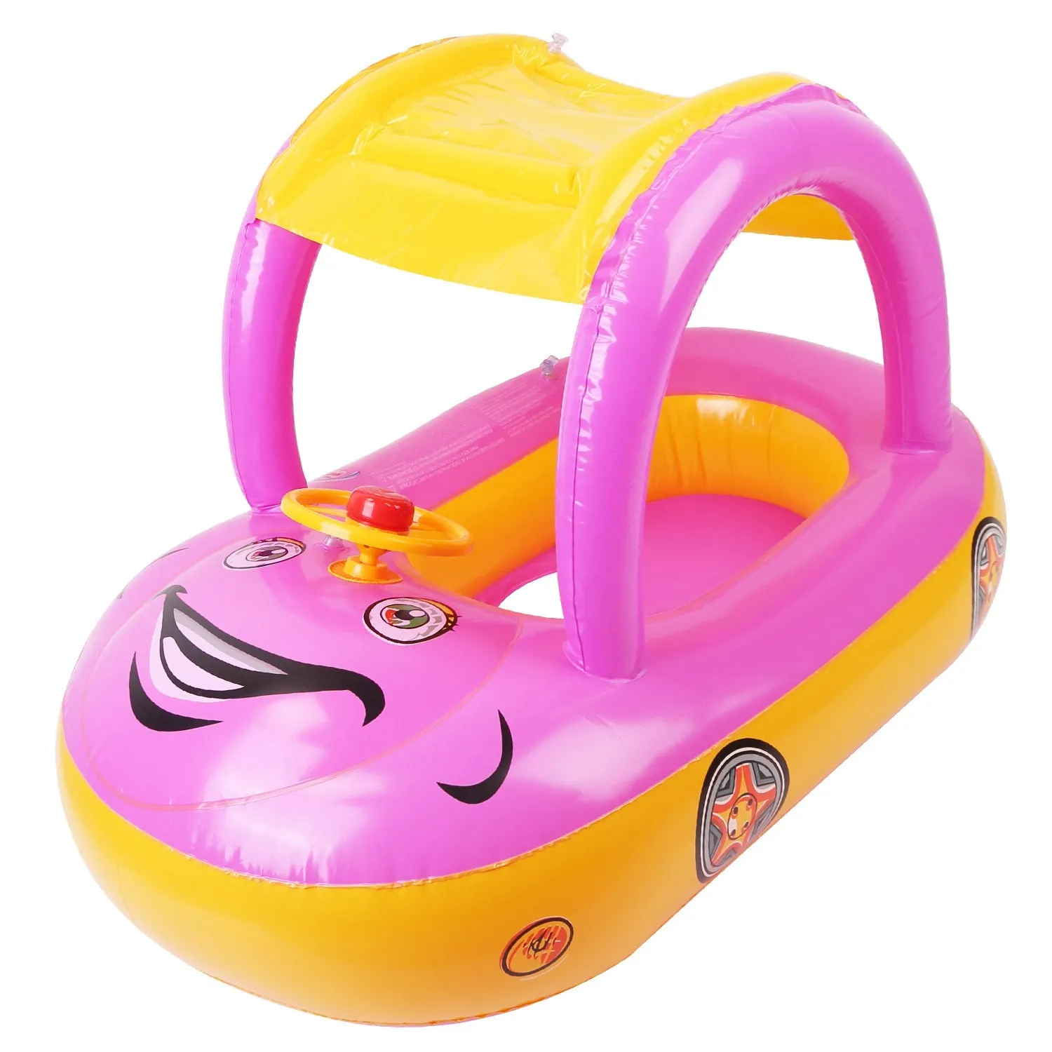 Baby Inflatable Pool Float Car Shaped Toddler Swimming Float Boat Pool Toy Infant Swim Ring Pool with Sun Protection Canopy for 1-3 Year-Old Kids Infa