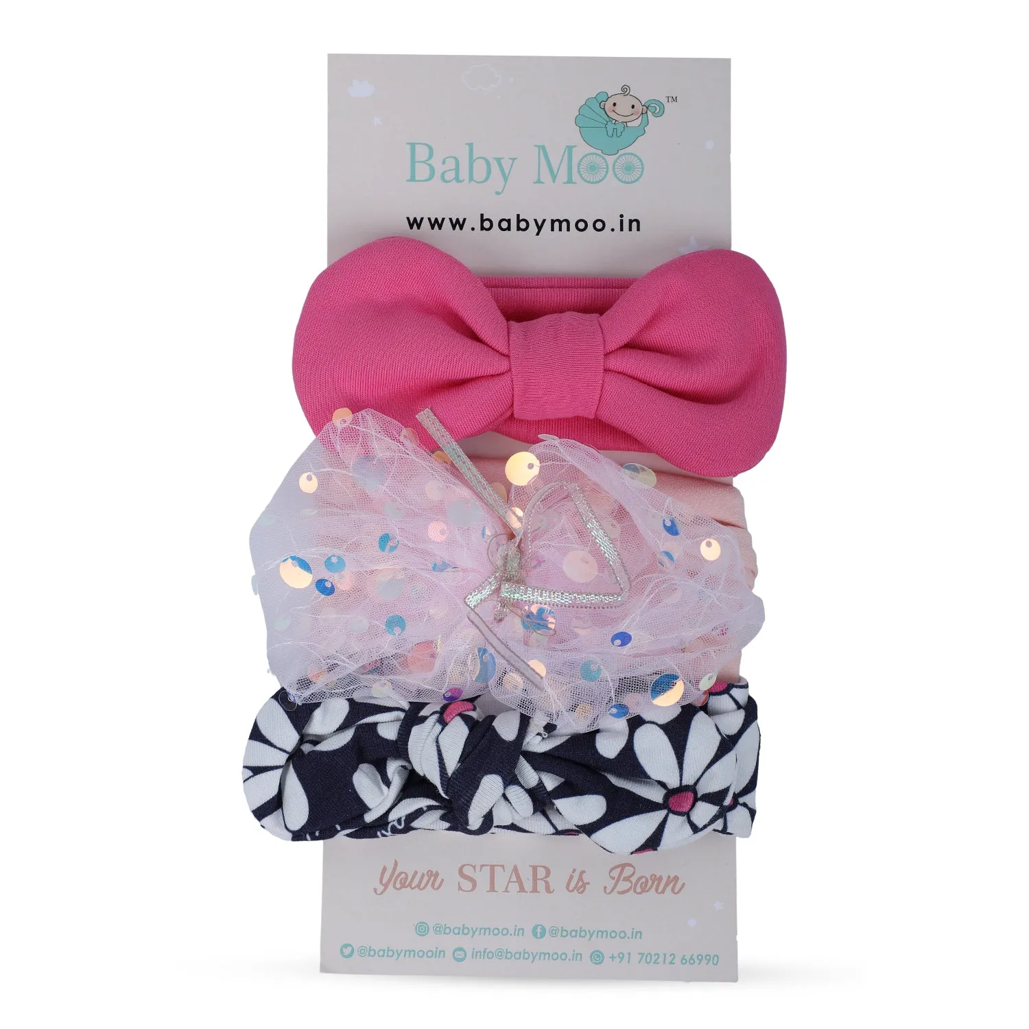 Baby Moo Shiny Bow Headband Set of 3 - Pink