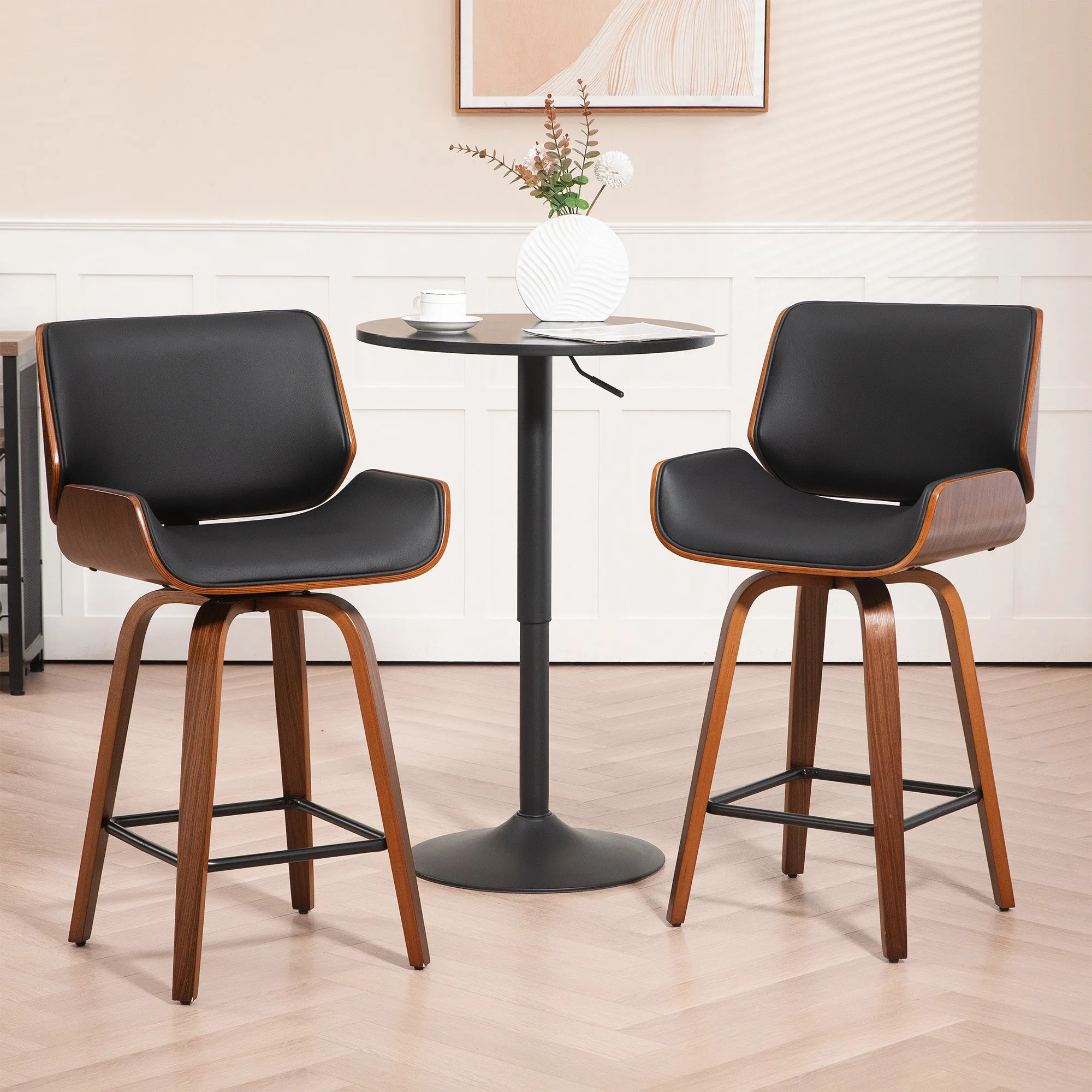 Beate Black Faux Leather Counter Stool with Walnut Wood Legs