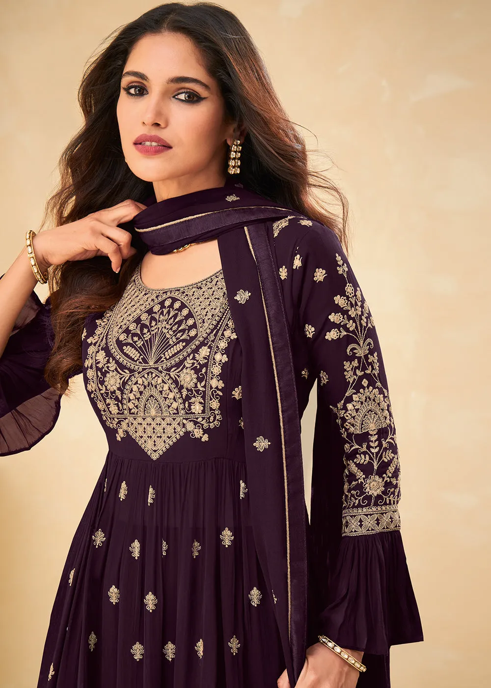 Beautifully Embroidered Plum Purple Festive Palazzo Suit