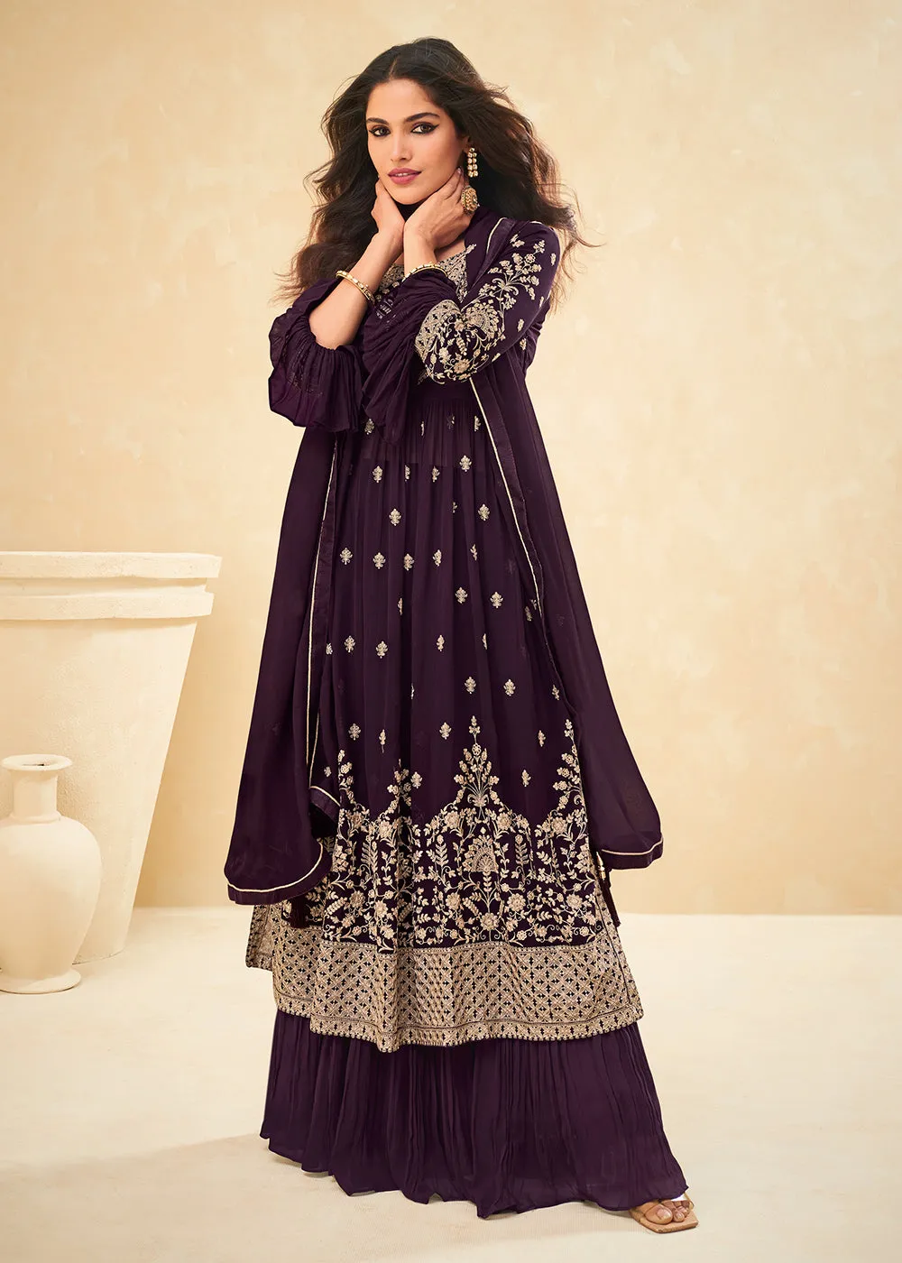 Beautifully Embroidered Plum Purple Festive Palazzo Suit