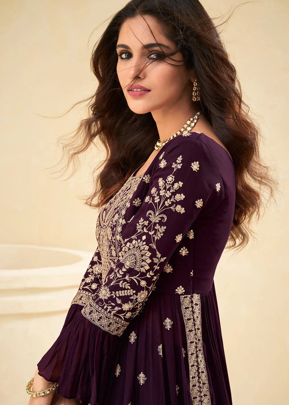 Beautifully Embroidered Plum Purple Festive Palazzo Suit