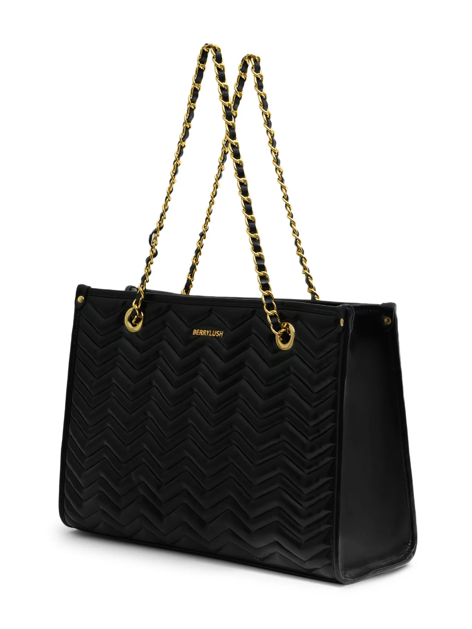 Berrylush Women Solid Black Synthetic Leather Chain Two-Handles Zipper-Up Quilted Shoulder Bag