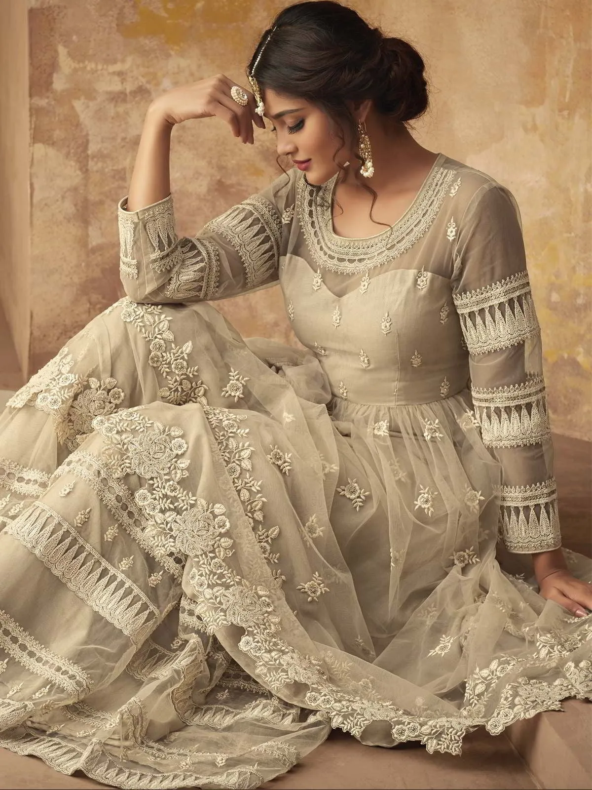 Biscuit Beige Thread Embroidered Party Wear Sharara Suit