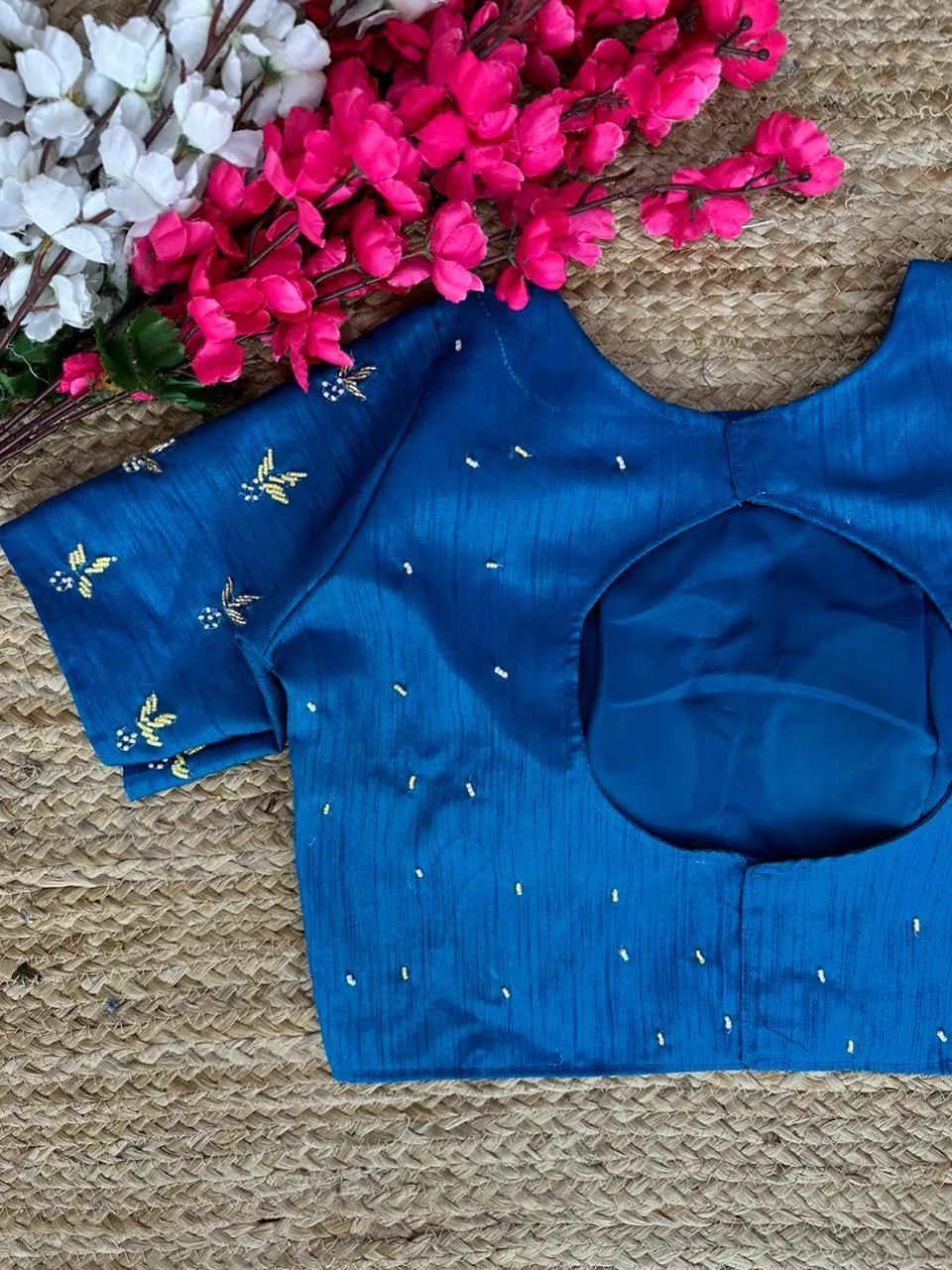 Blue Pearl-Embellished german silk Blouse with Handcrafted Golden Work