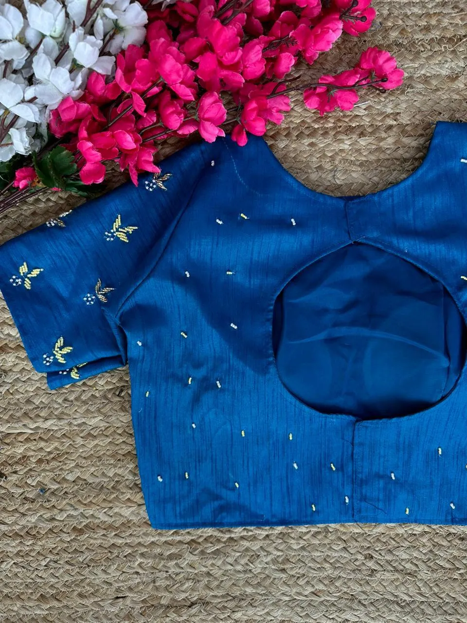 Blue Pearl-Embellished german silk Blouse with Handcrafted Golden Work