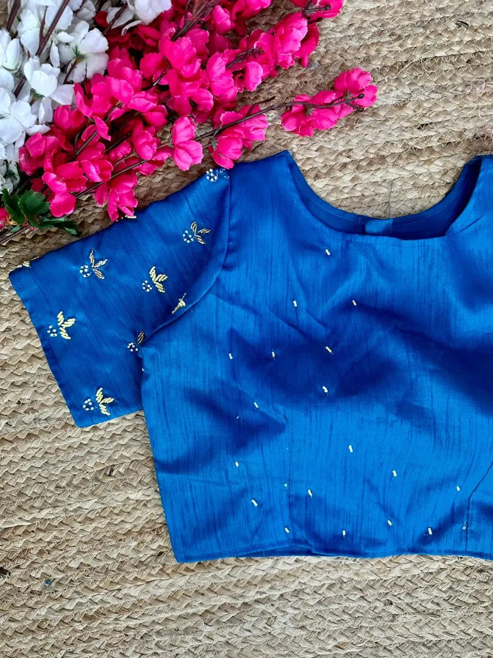 Blue Pearl-Embellished german silk Blouse with Handcrafted Golden Work