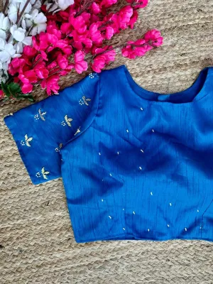 Blue Pearl-Embellished german silk Blouse with Handcrafted Golden Work