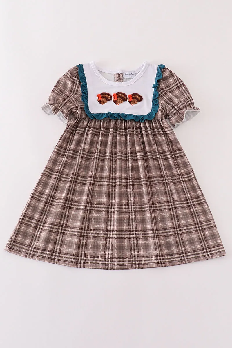 Brown plaid turkey french knot girl dress