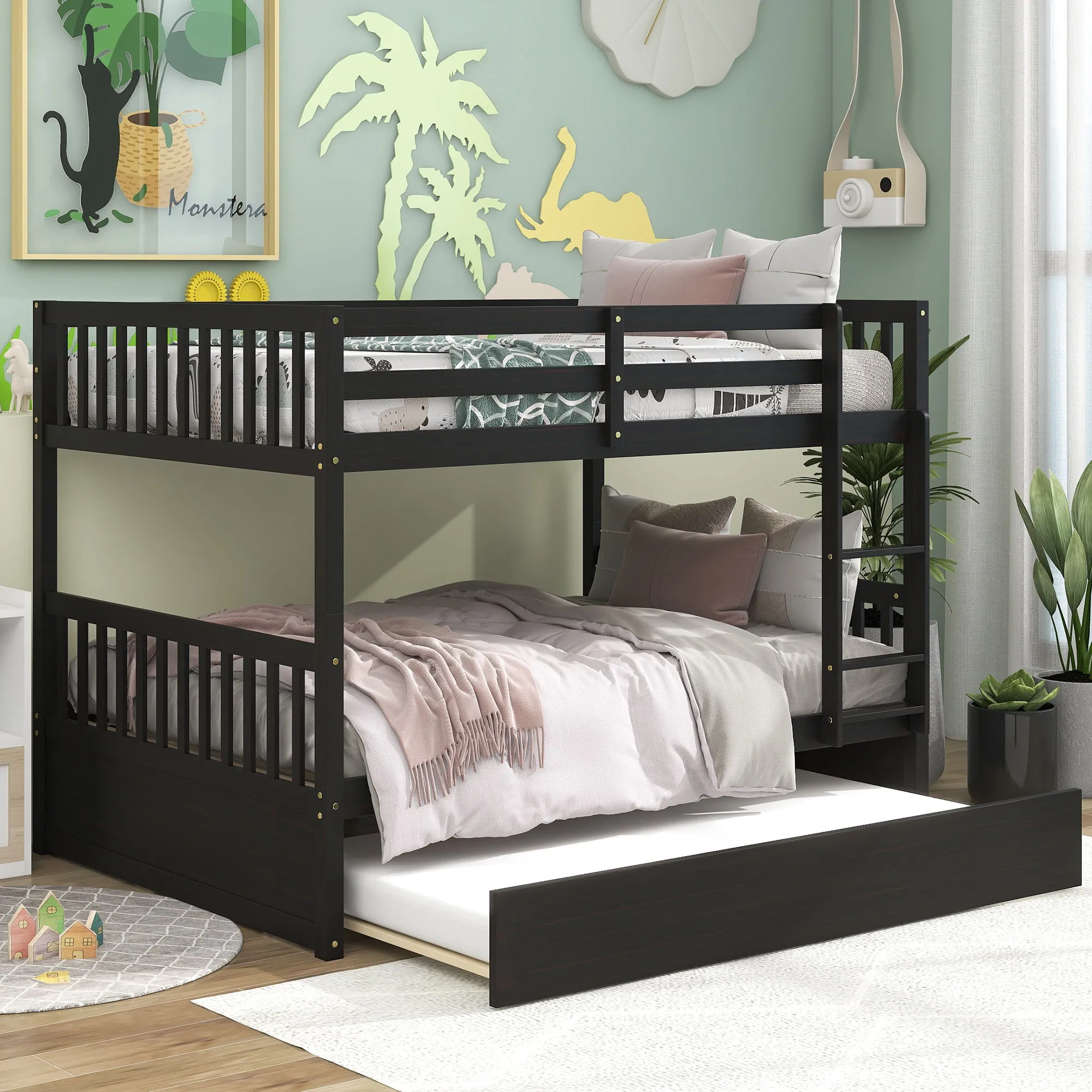 Bunk Bed With Trundle, Convertible To 2 Size Platform Bed, Bunk Bed With Ladder And Safety Rails For Kids