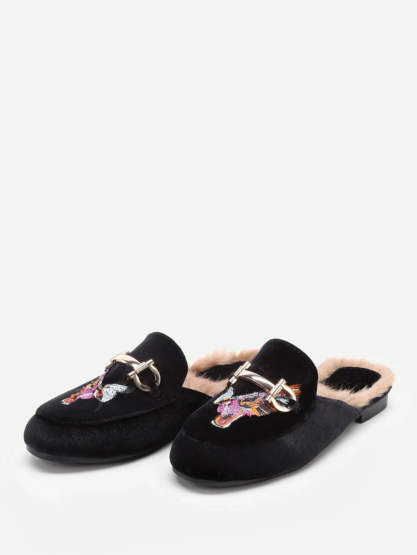 Cheap Bird Embroidery Velvet Flat Mules