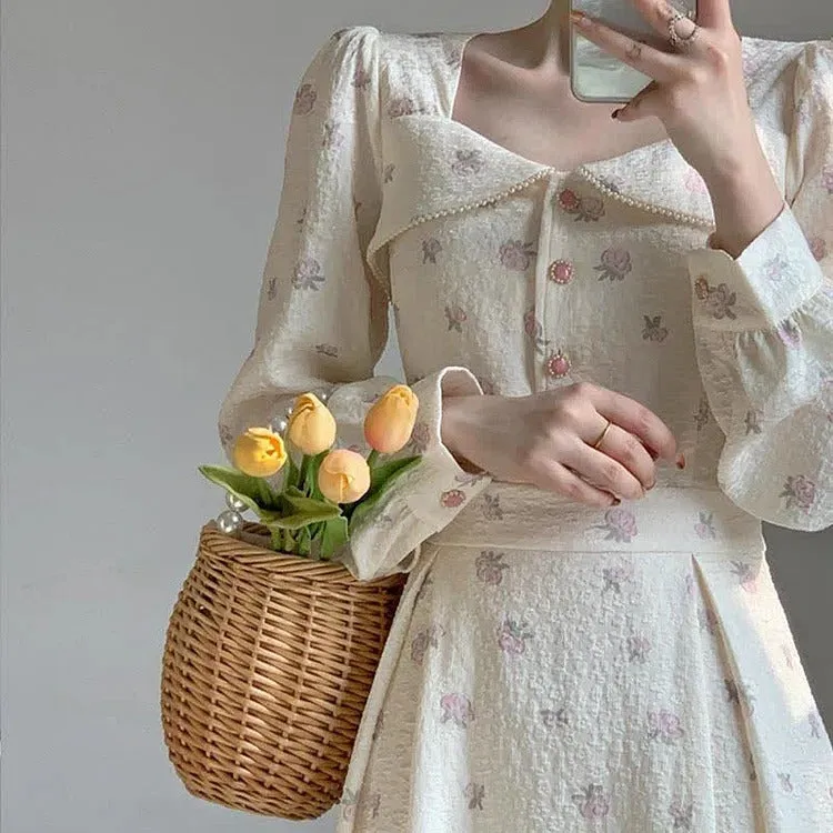 Chic Vintage Pearl Collar Floral Print A-line Dress