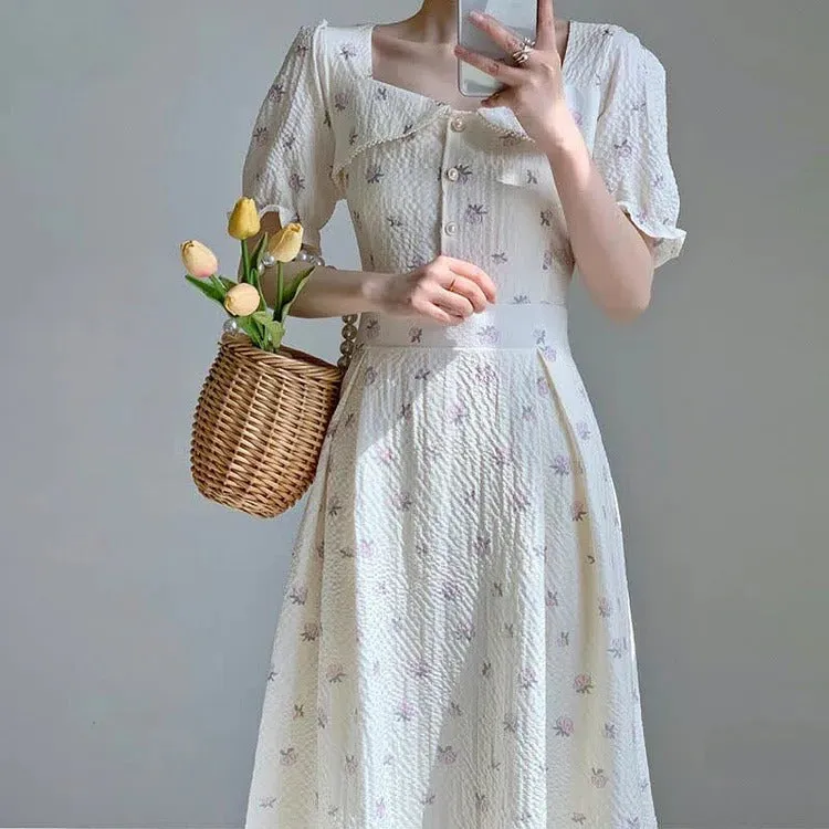 Chic Vintage Pearl Collar Floral Print A-line Dress