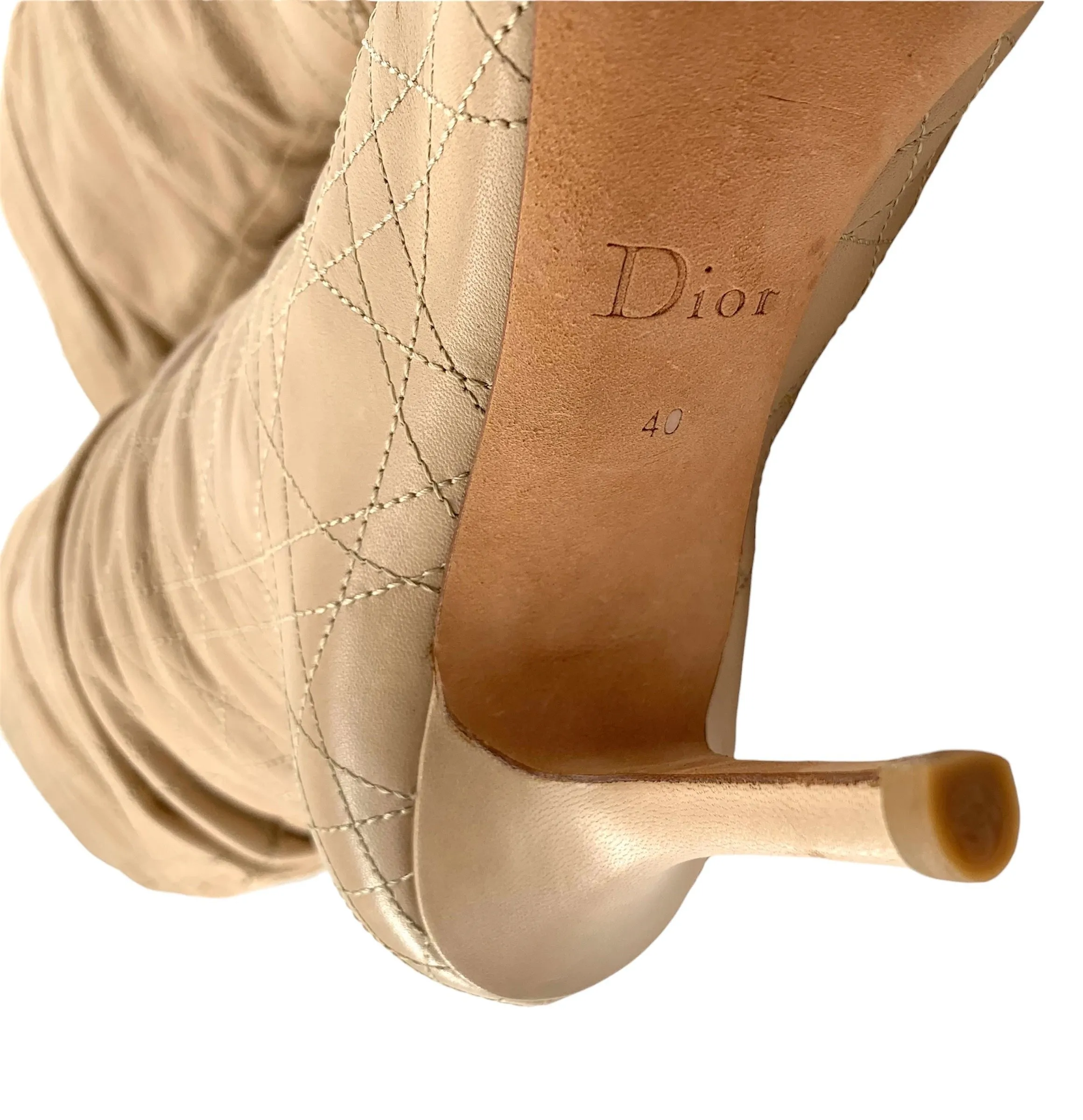 Christian Dior Quilted Cannage Beige Leather Knee High Stiletto Boots, New/Old