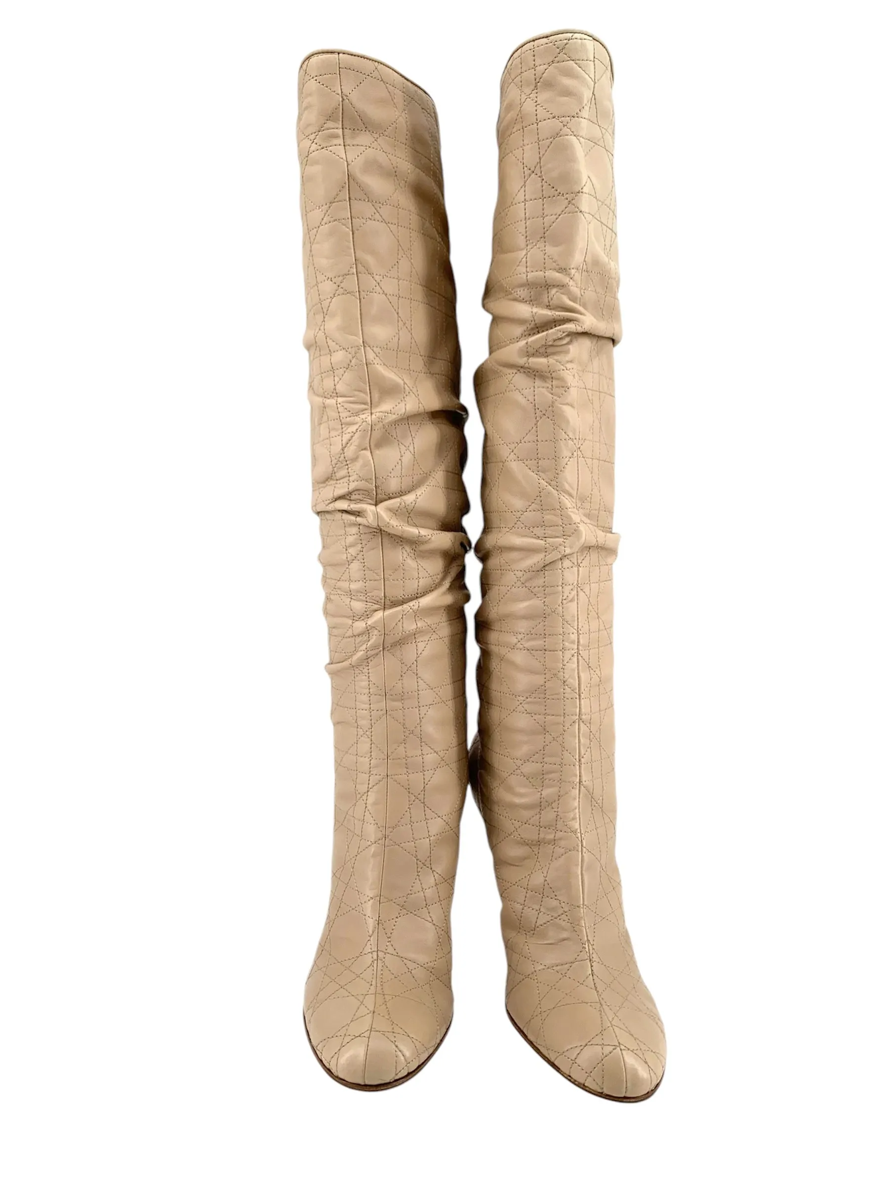 Christian Dior Quilted Cannage Beige Leather Knee High Stiletto Boots, New/Old