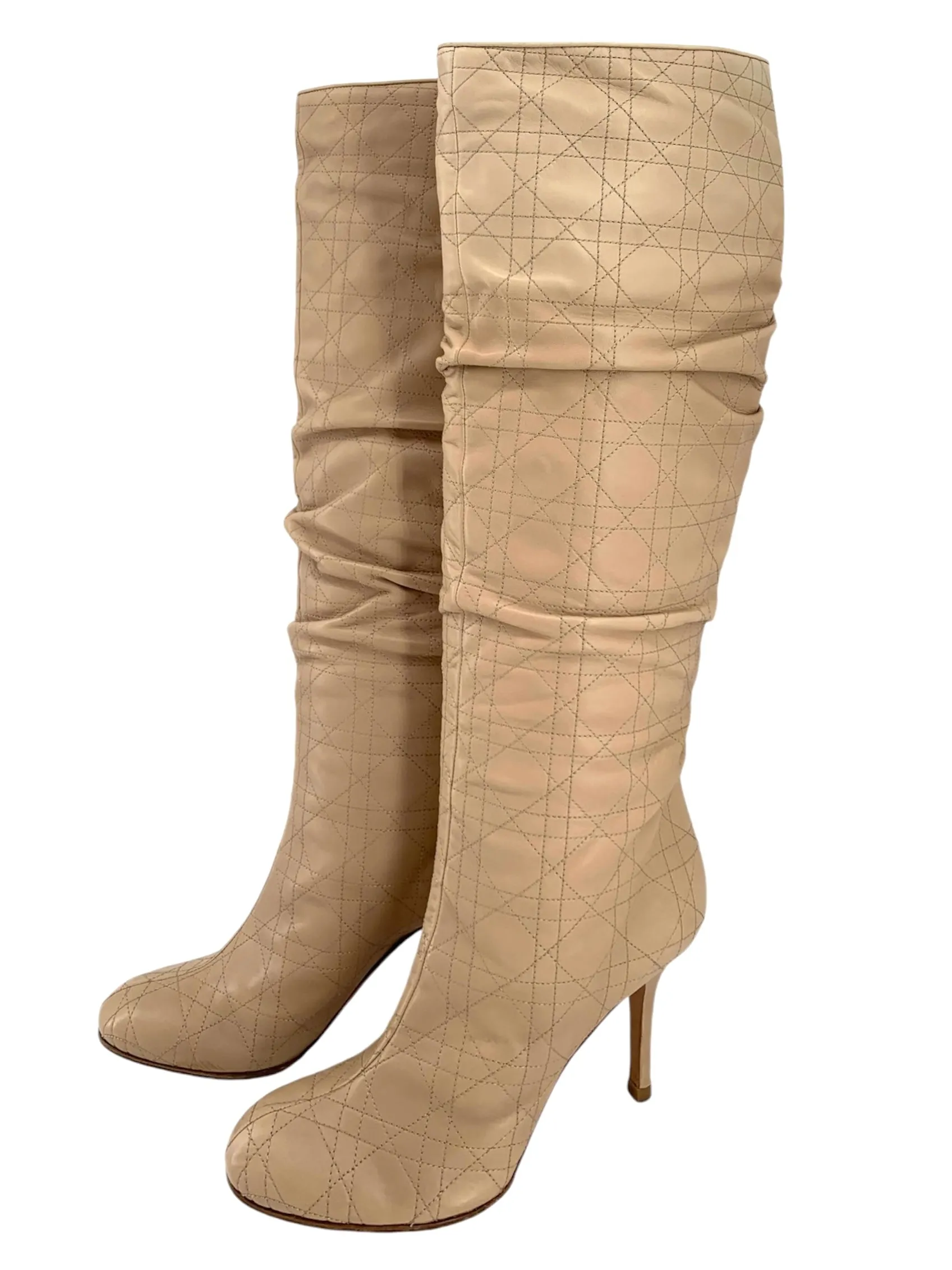 Christian Dior Quilted Cannage Beige Leather Knee High Stiletto Boots, New/Old