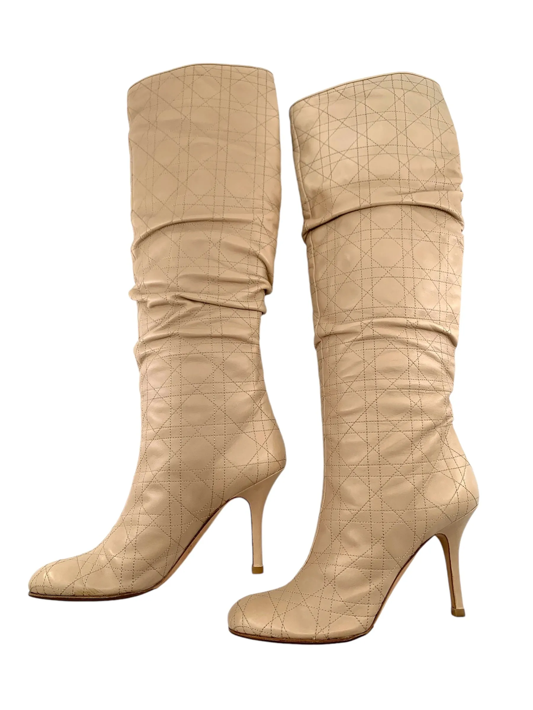 Christian Dior Quilted Cannage Beige Leather Knee High Stiletto Boots, New/Old