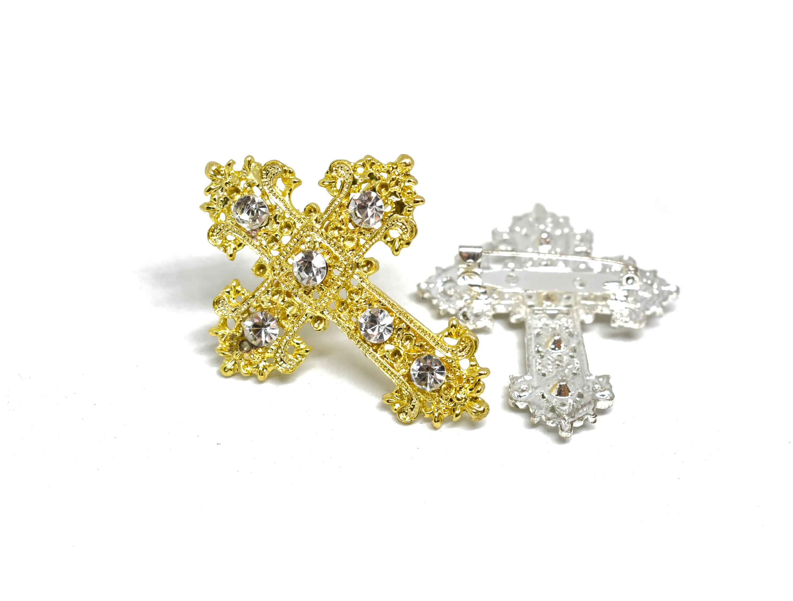 Crystal Rhinestone Cross-Shaped Brooch with Pin