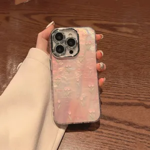 Cute Pink Pearlescent Holographic Floral Tulips with Silver Bling Camera Lens Design Protective Phone Case for iPhone 12 13 14 15 Pro Max