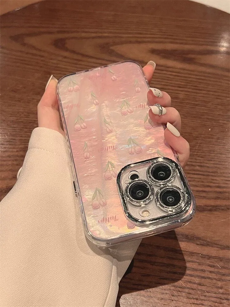 Cute Pink Pearlescent Holographic Floral Tulips with Silver Bling Camera Lens Design Protective Phone Case for iPhone 12 13 14 15 Pro Max