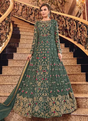 Dark Green Embroidered Designer Jacket Anarkali Suit