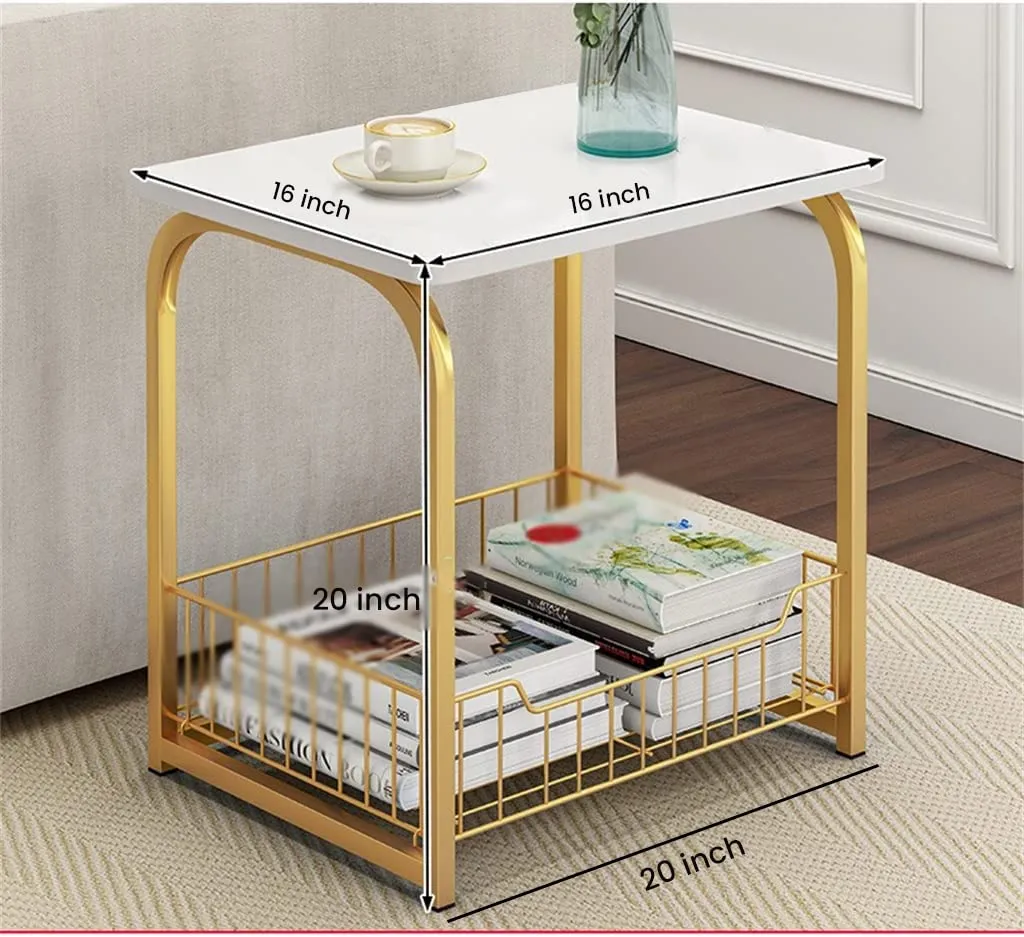 Device Bas with BROWN ART SHOPPEE Coffee Table Side Table, Mdf Metal, With Storage Basket For Living Bedroom | Side End Table For Living Room, Bedroom, Office (Golden & White)