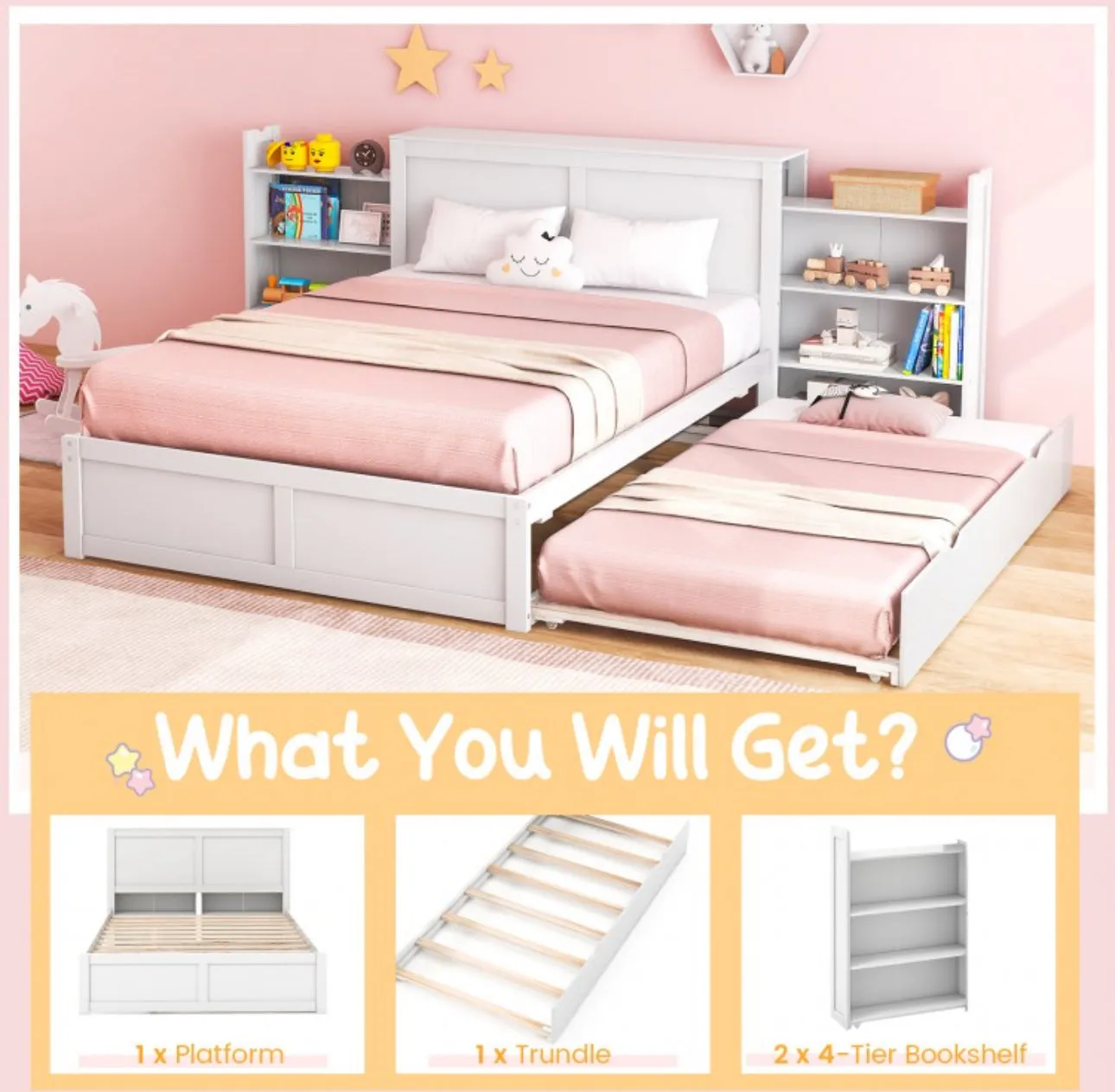 Elegant & Modern Very Comfortable Full Or Twin Kids, Children Wooden Platform Bed With Trundle Storage | Headboard | Bookshelf