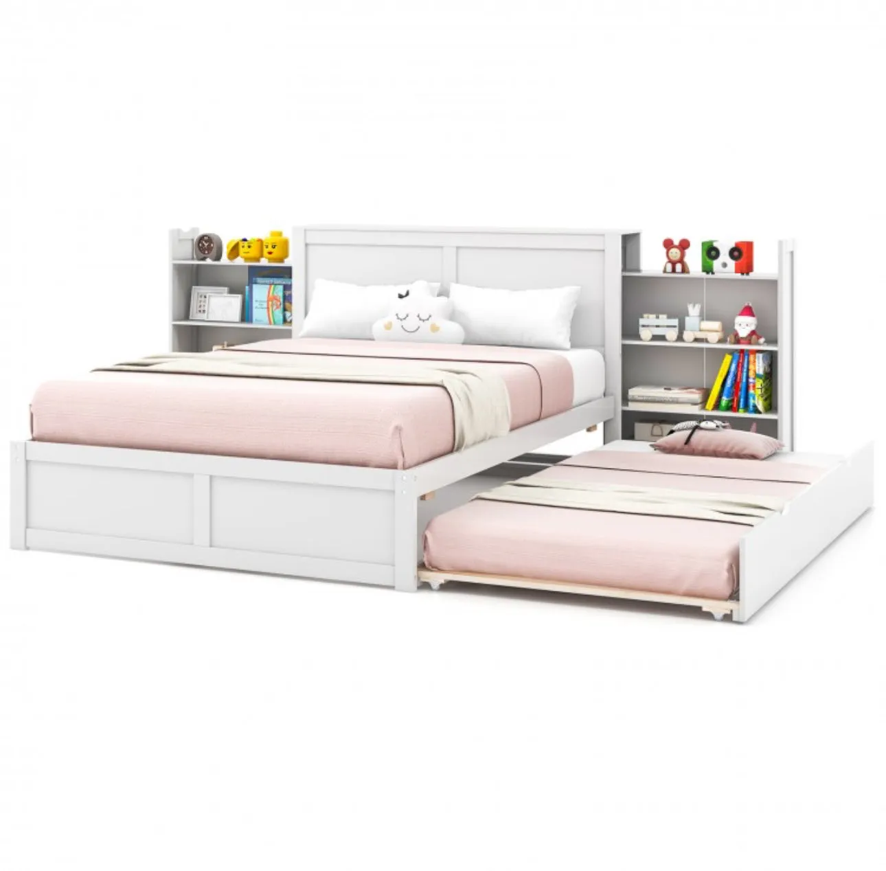 Elegant & Modern Very Comfortable Full Or Twin Kids, Children Wooden Platform Bed With Trundle Storage | Headboard | Bookshelf