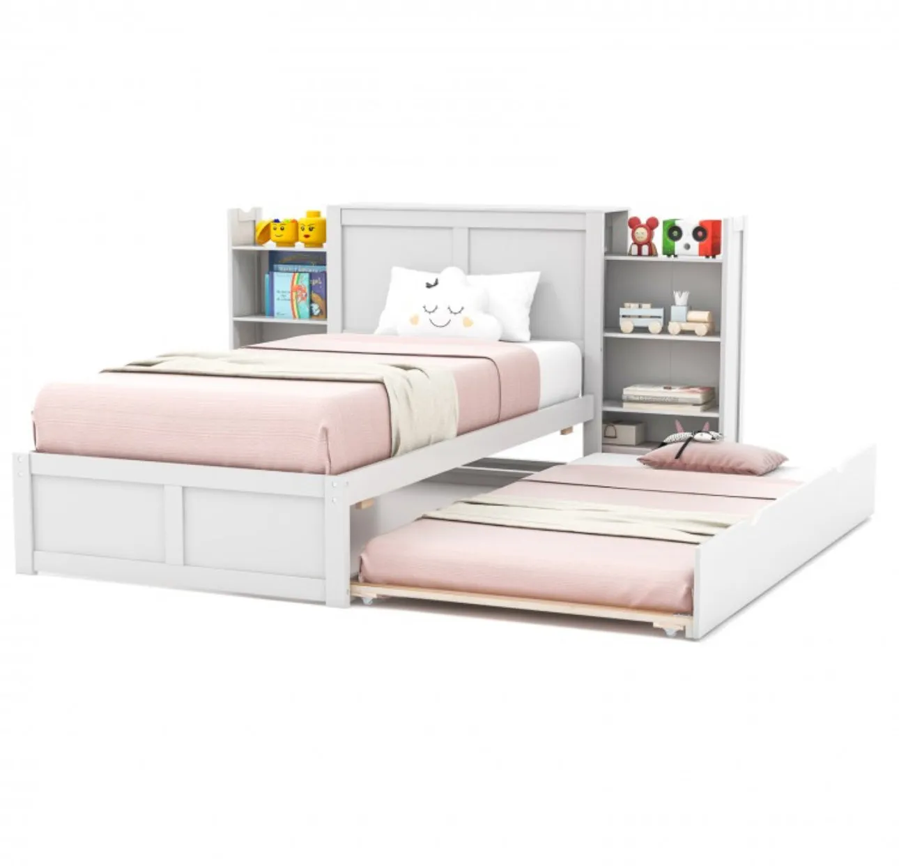 Elegant & Modern Very Comfortable Full Or Twin Kids, Children Wooden Platform Bed With Trundle Storage | Headboard | Bookshelf