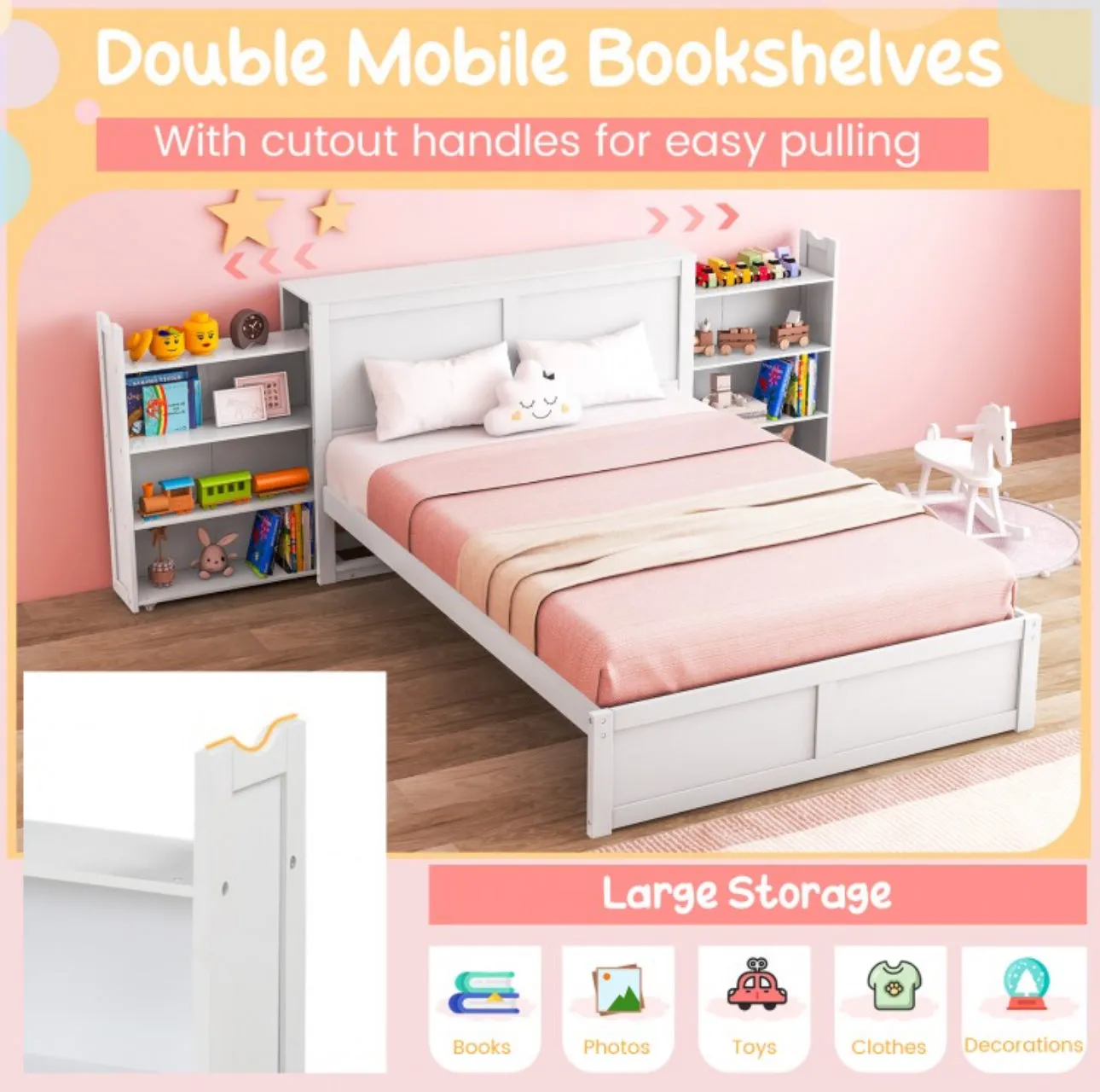 Elegant & Modern Very Comfortable Full Or Twin Kids, Children Wooden Platform Bed With Trundle Storage | Headboard | Bookshelf