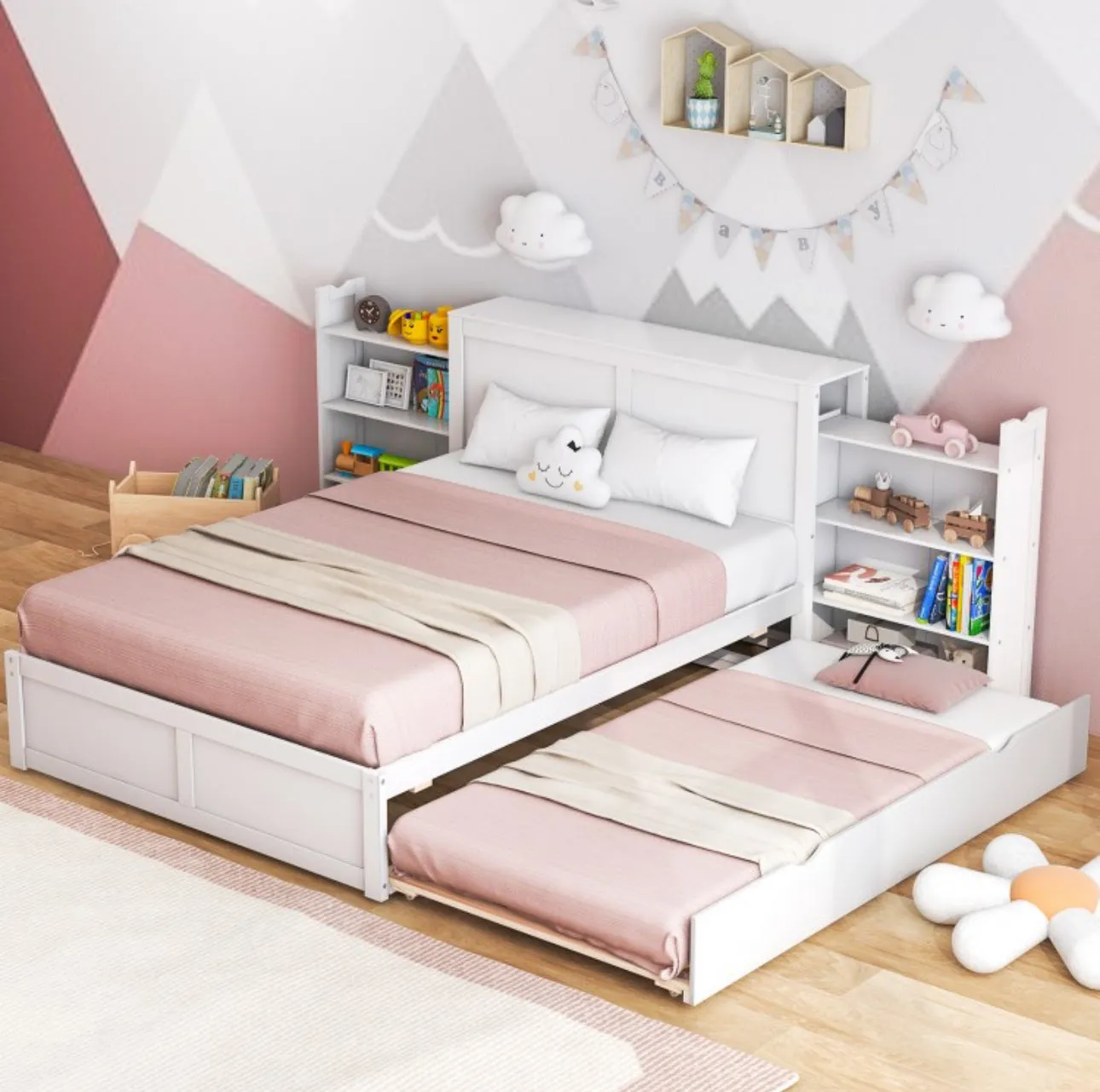 Elegant & Modern Very Comfortable Full Or Twin Kids, Children Wooden Platform Bed With Trundle Storage | Headboard | Bookshelf