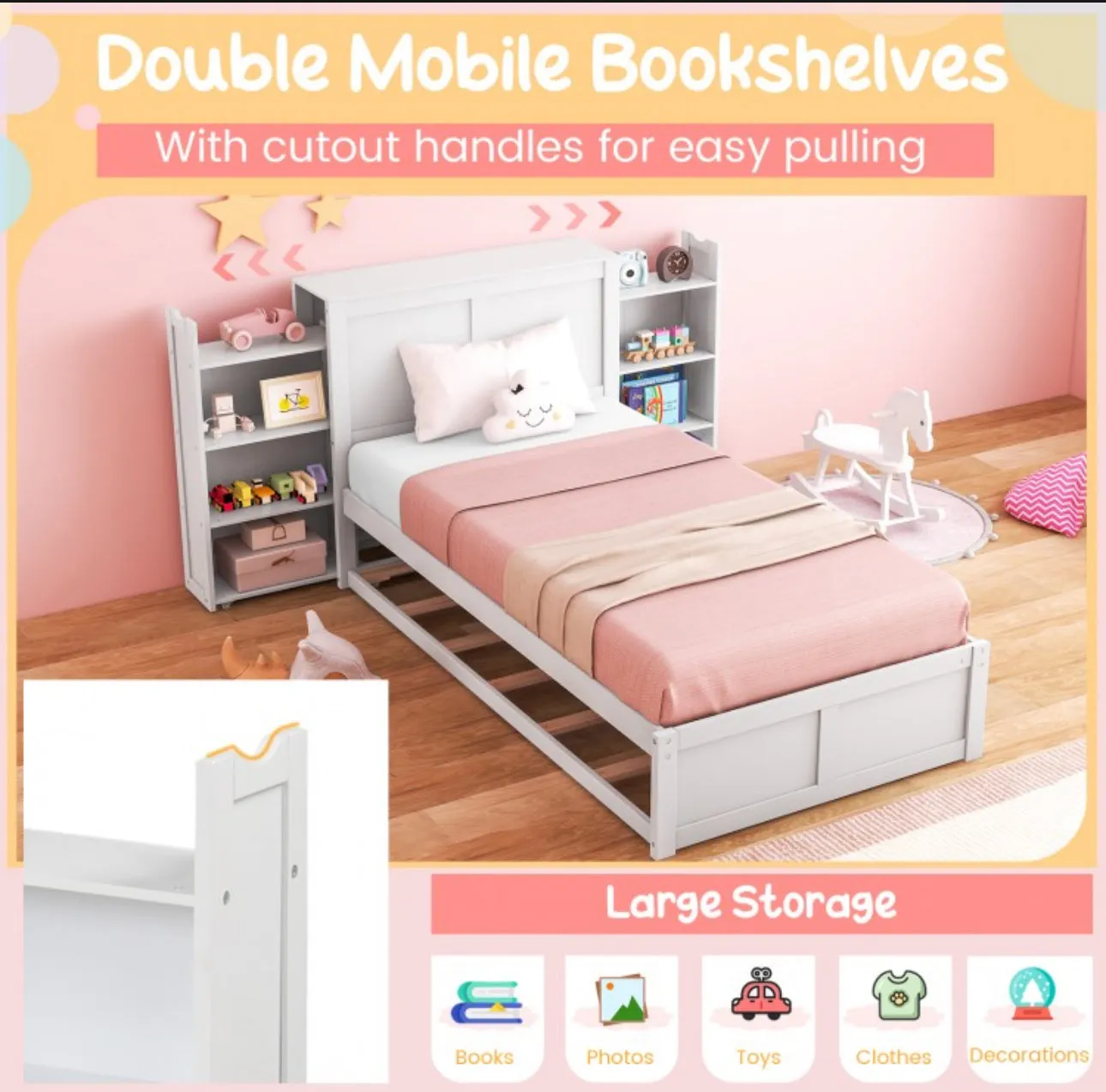 Elegant & Modern Very Comfortable Full Or Twin Kids, Children Wooden Platform Bed With Trundle Storage | Headboard | Bookshelf