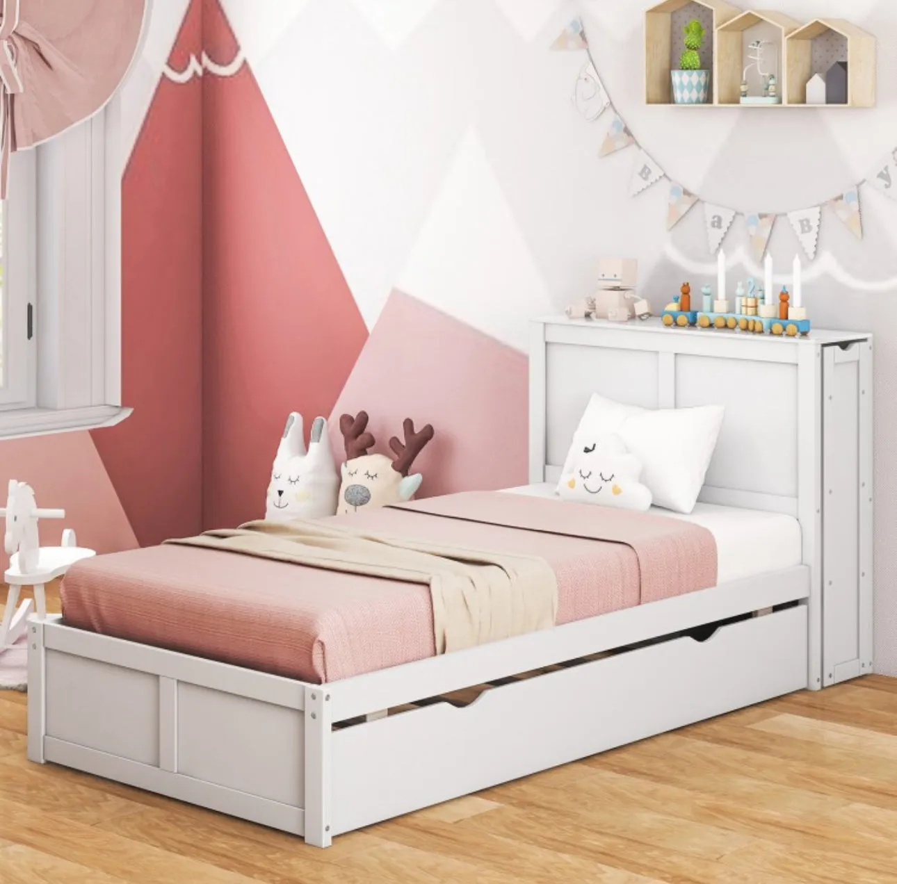 Elegant & Modern Very Comfortable Full Or Twin Kids, Children Wooden Platform Bed With Trundle Storage | Headboard | Bookshelf