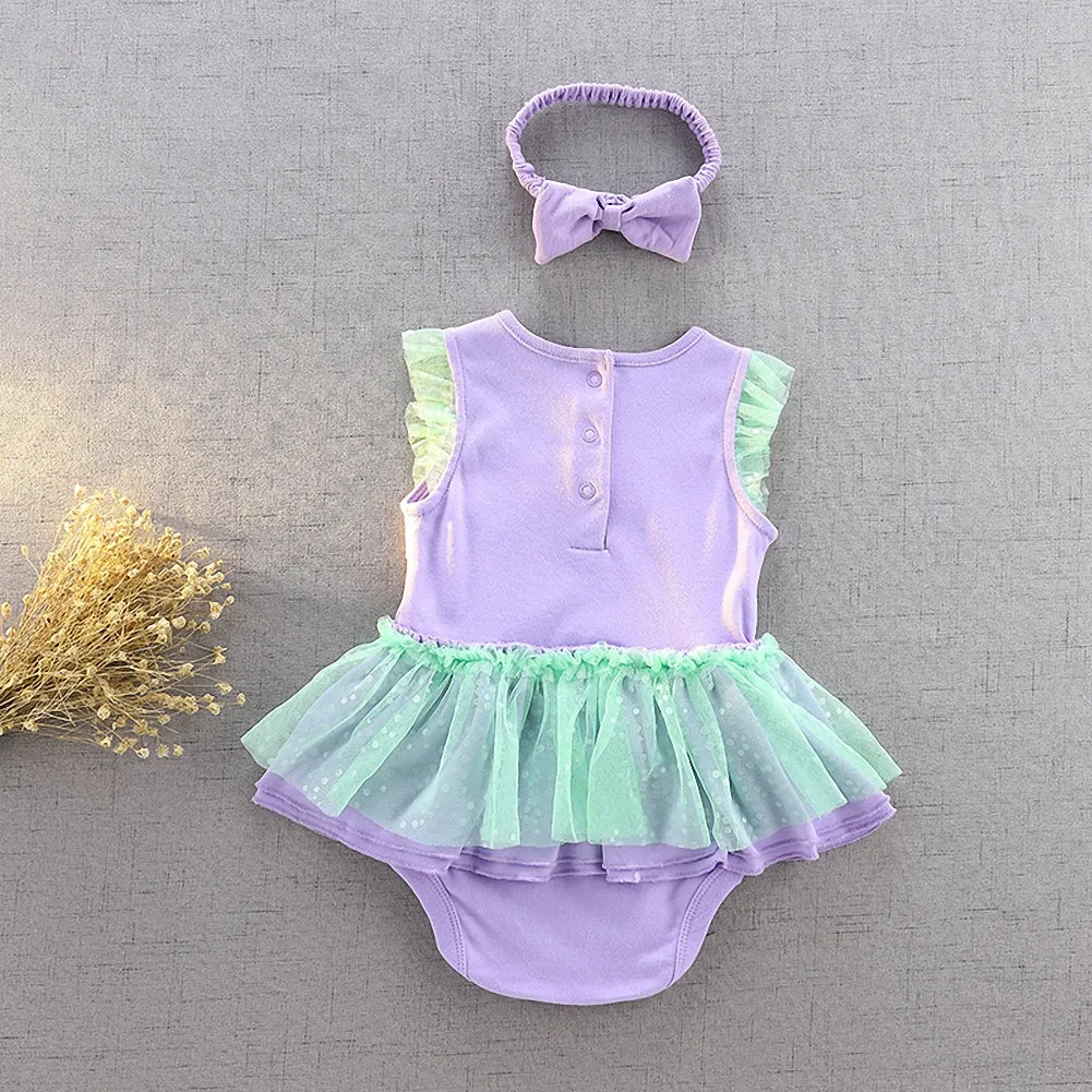 FC214 - Baby Girl Princess Mermaid Romper Costumes Onesie Dress Bodysuit with Headband