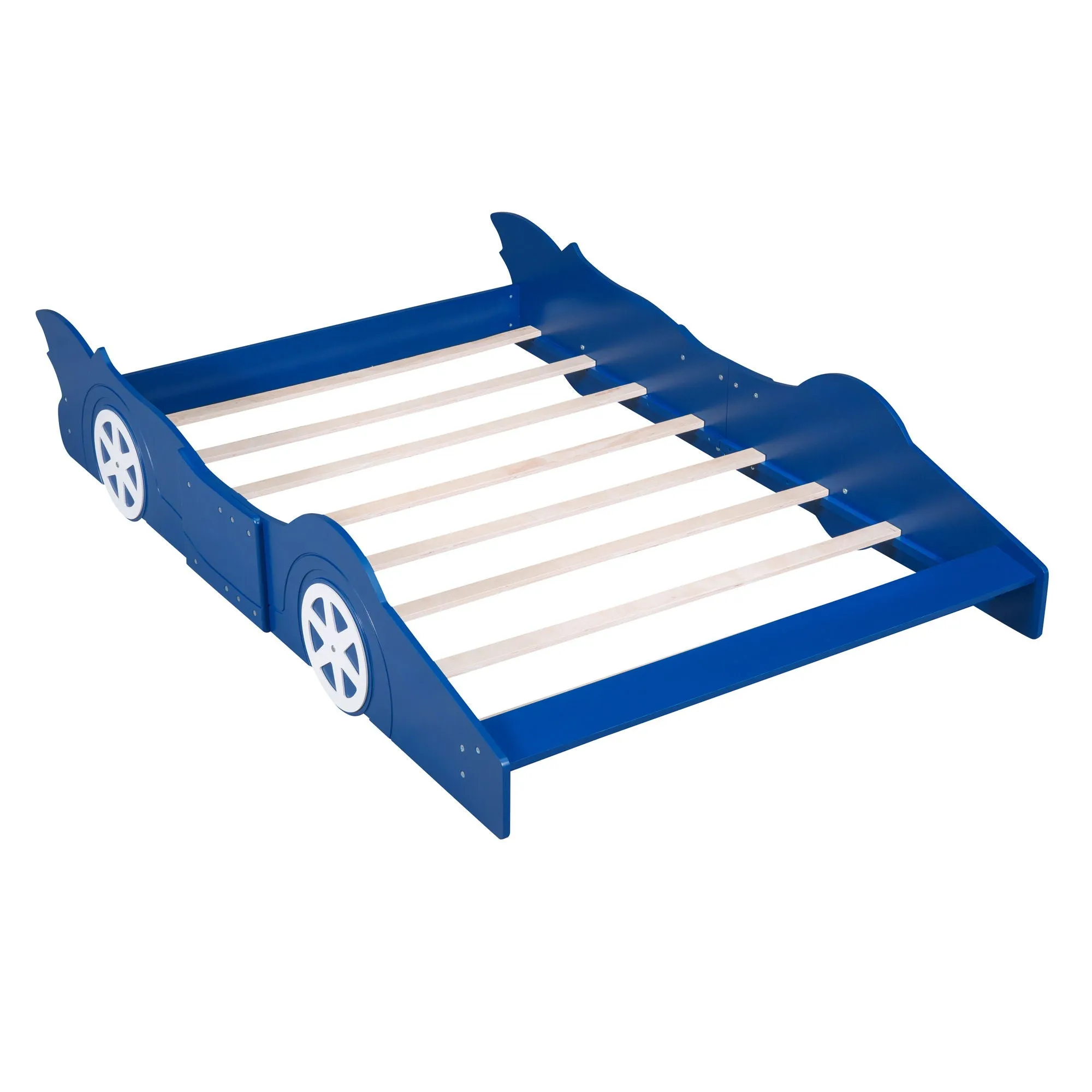 Full Size Race Car-Shaped Platform Bed With Wheels - Blue