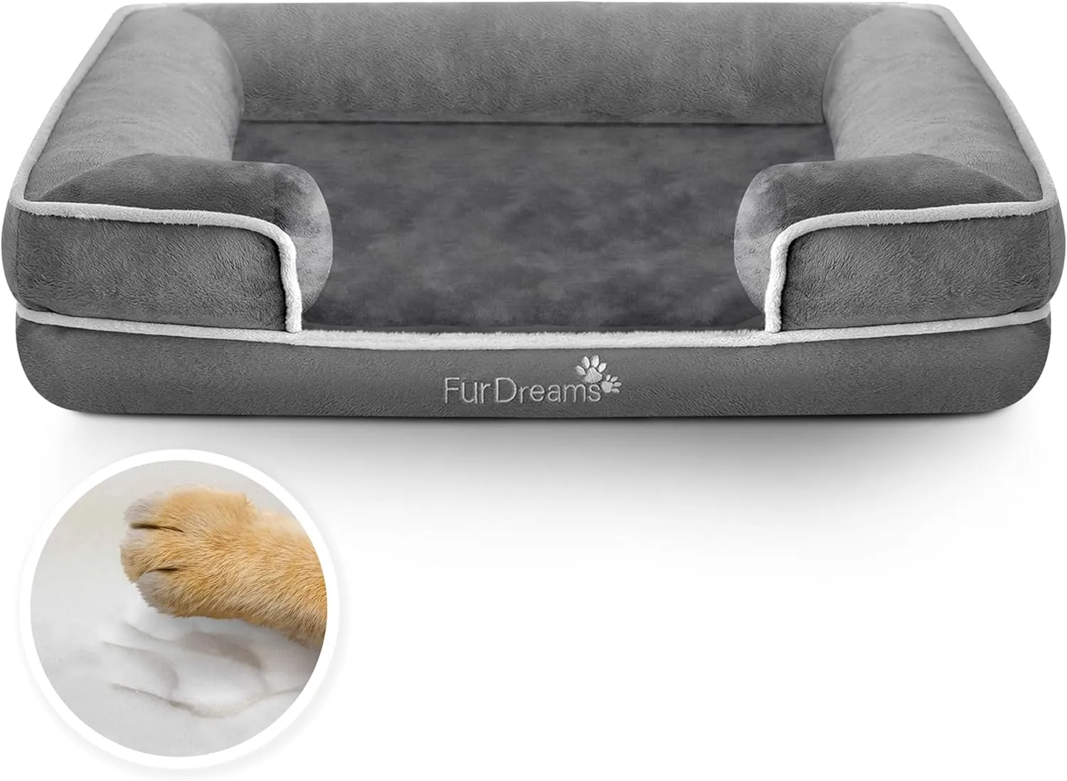 FurDreams Luxury Medium Pet Sofa Bed – Extra Padded Orthopedic Memory Foam Mattress with Non-Slip Base, Removable Washable Flannel Cover – Plush Grey Design (70x57x17cm)