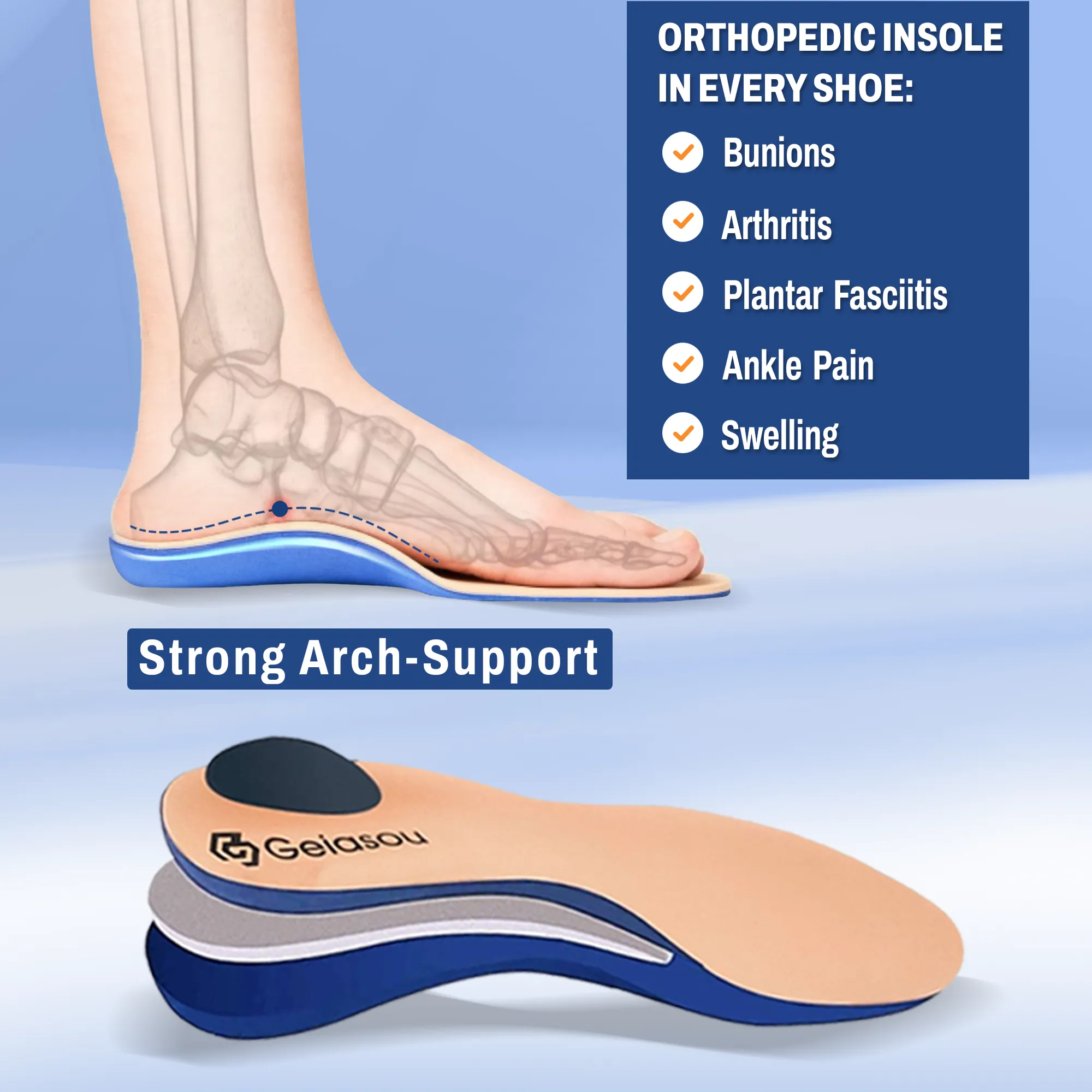 GEIASOU Orthopedic Insoles Foot Pain Relief Memory Foam Arch Support Soft Insoles