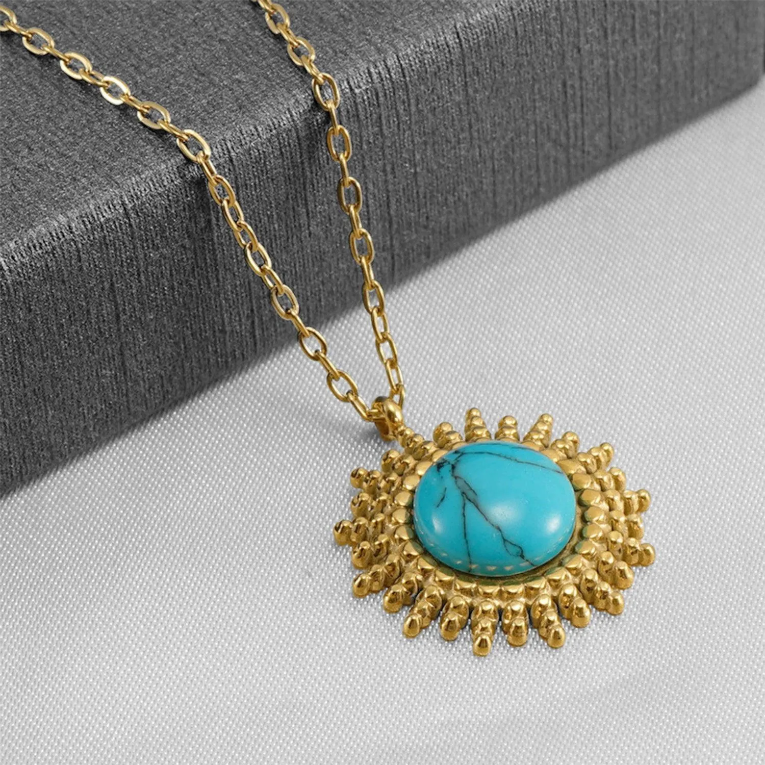 Gold Turquoise Sunburst Necklace - Trendy Bohemian Statement Jewelry for Women