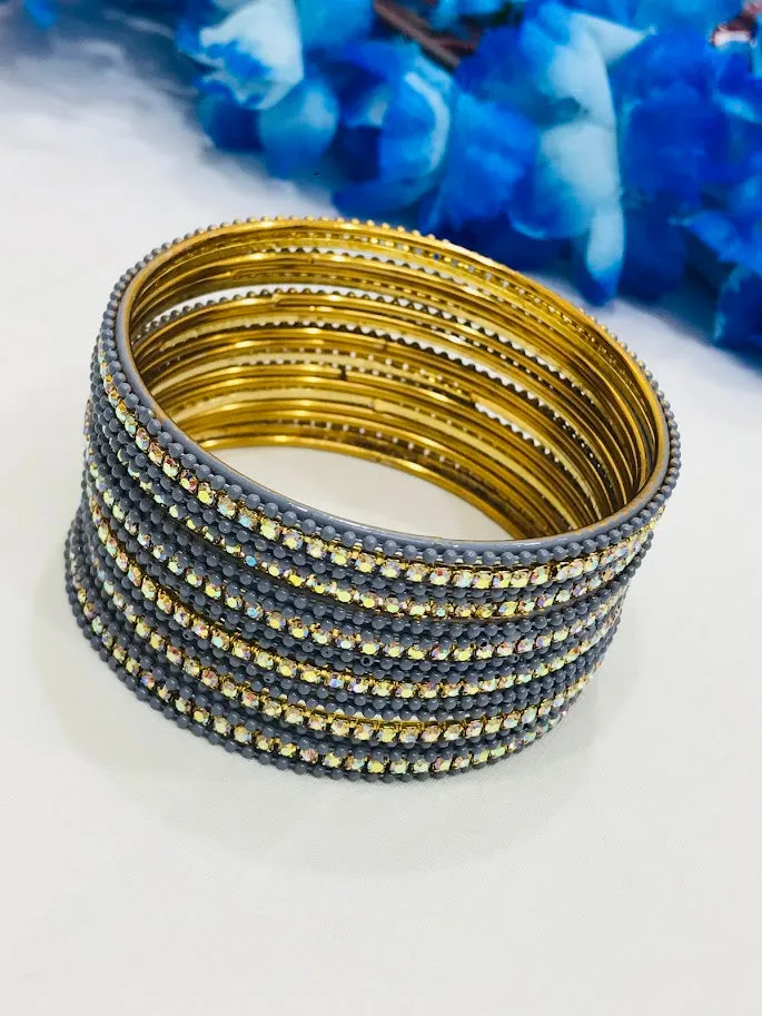 Graceful Gray Color Stone Design Metal Bangles